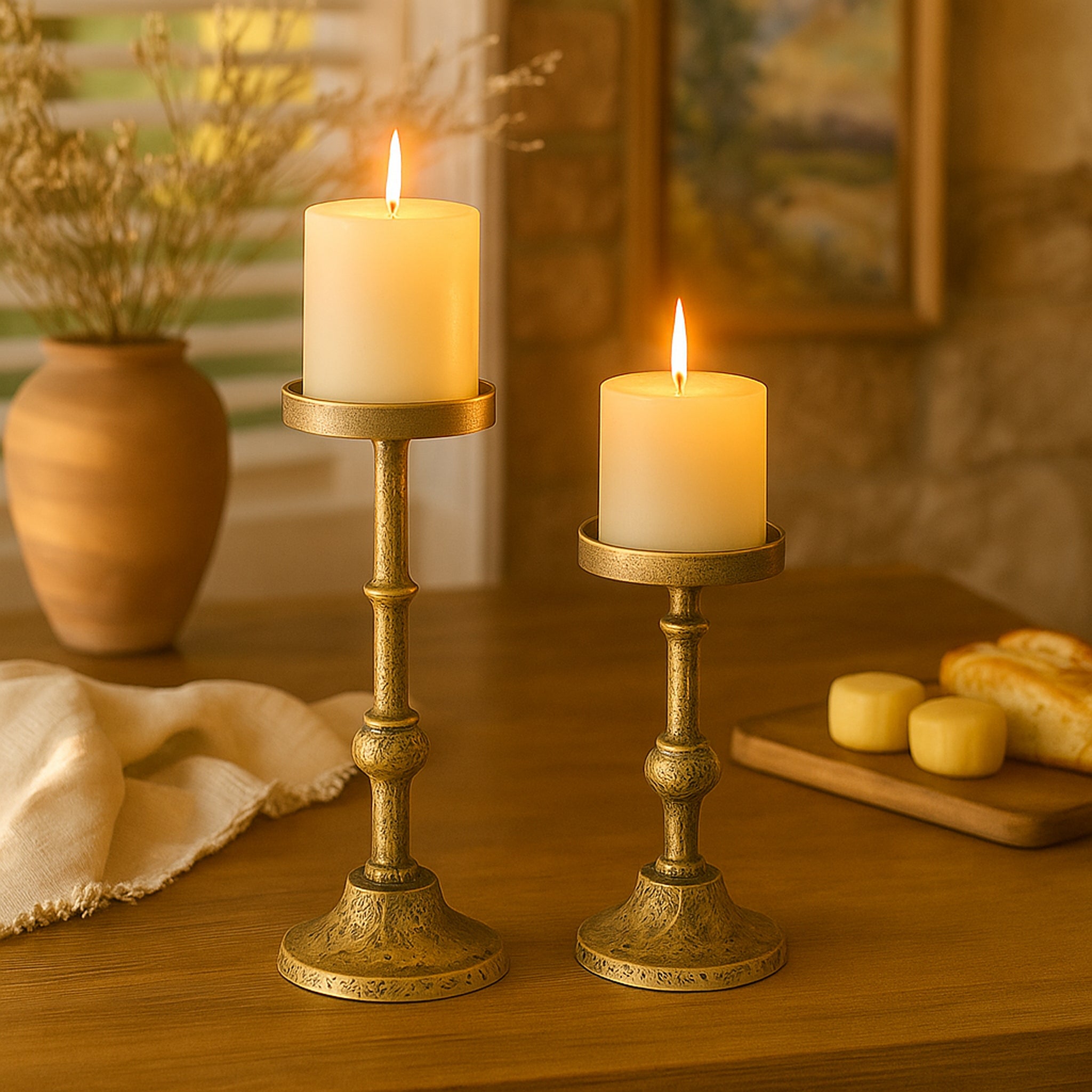 Eterna Set of 2 Handcrafted Aluminium Candle Holder Pair – Antique Brass Pillar Candle Stands