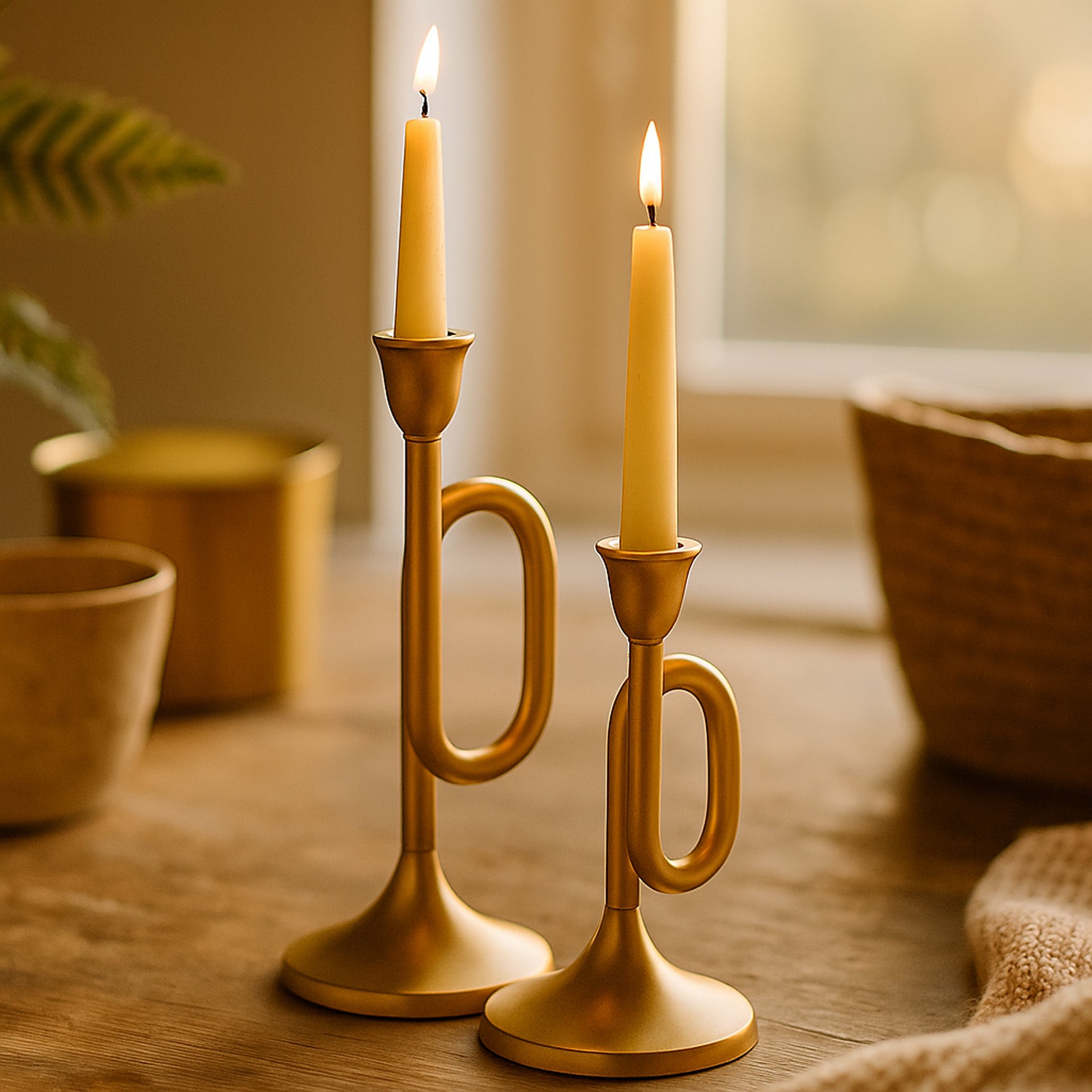 Aurea Gold Trumpet Design Candle Holders – Decorative Candlestick Centerpiece Set of 2