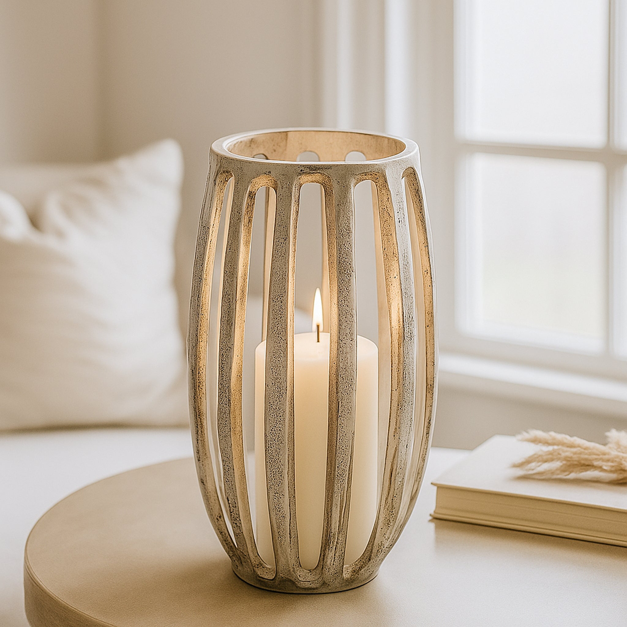 Eira Arched Metal Pillar Candle Holders – Antique Finish Decorative Lantern-Style Stand