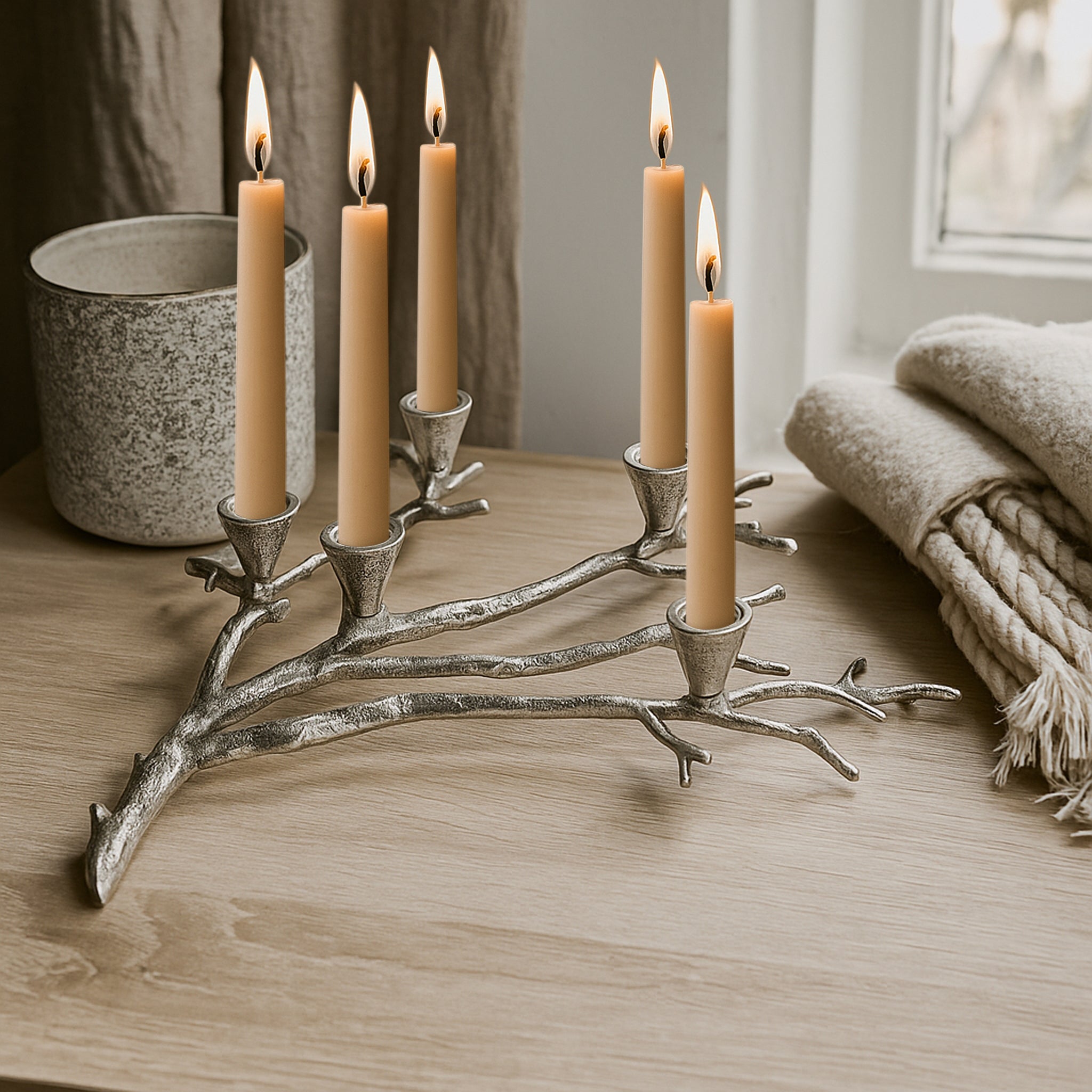 Antique Silver Sculptural Branch Candle Holder – 5-Taper Aluminium Centrepiece
