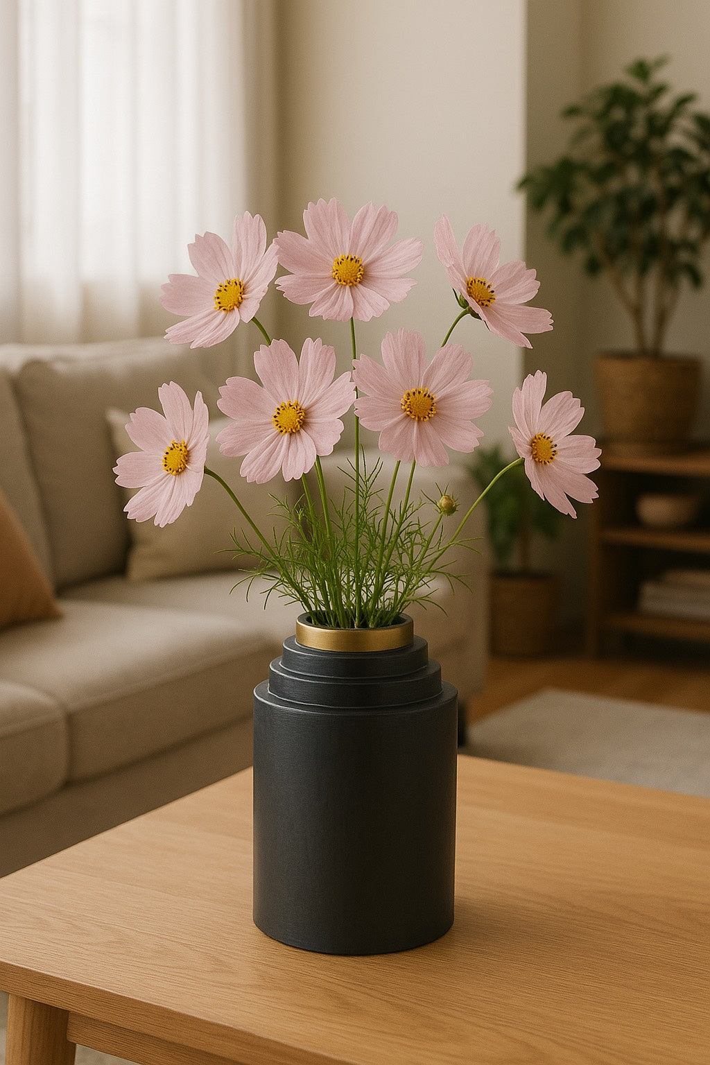 Ebon Sleek Black Metal Vase with Gold Rim
