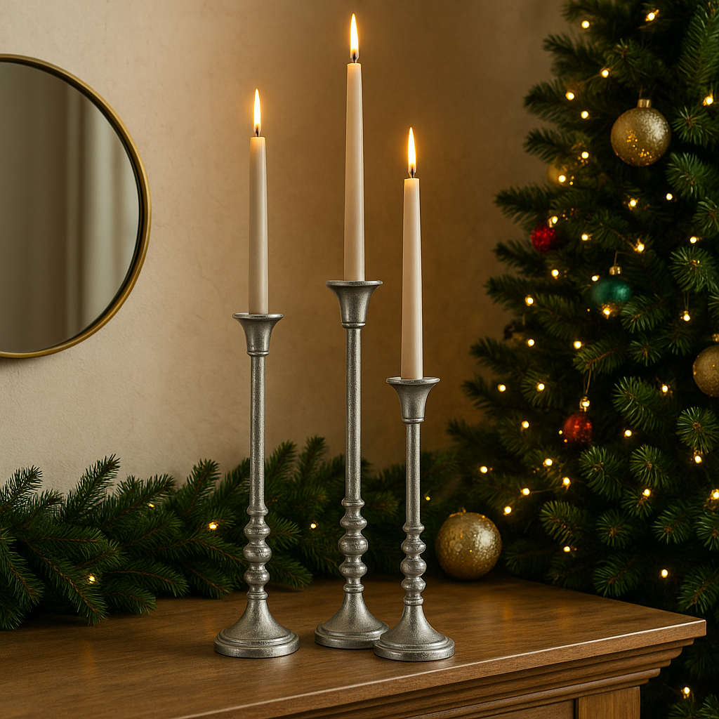 Eloria Elegant Aluminum Set of 3 Silver Candle Holder Set Timeless Luxury Accent