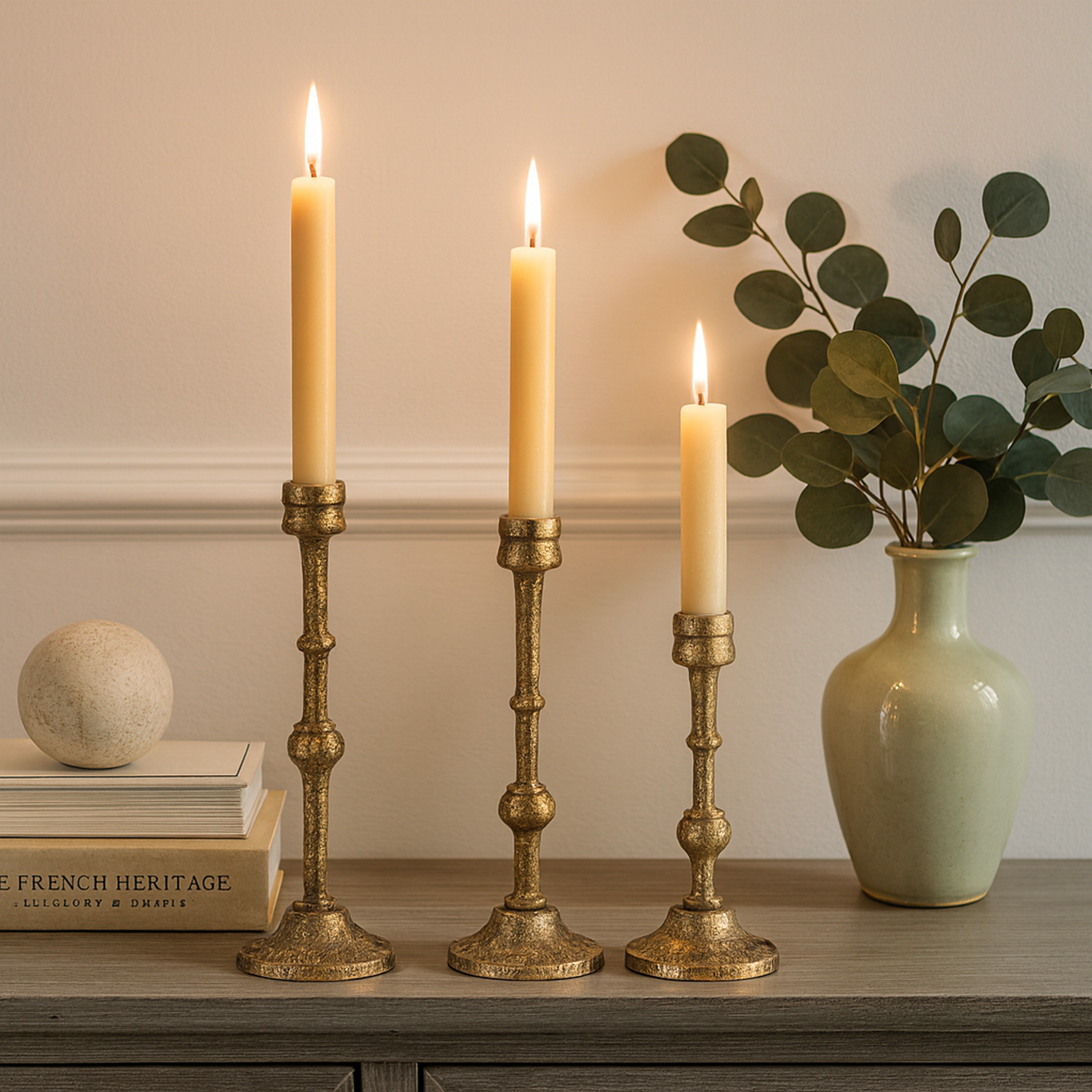 Solene Set of 3 Tall Taper Candle Holders – Aluminium Candlestick Holder in Antique Brass