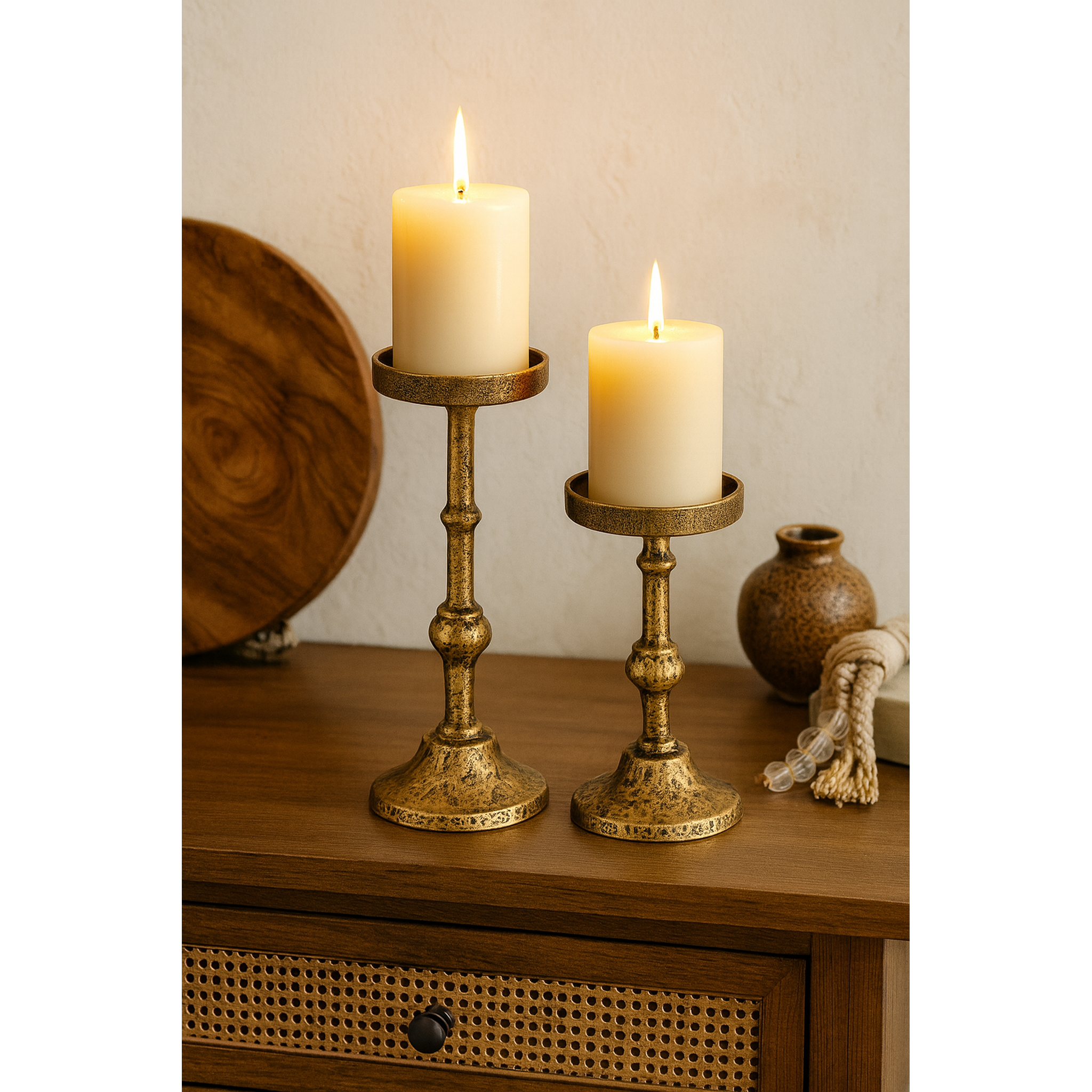 Eterna Set of 2 Handcrafted Aluminium Candle Holder Pair – Antique Brass Pillar Candle Stands
