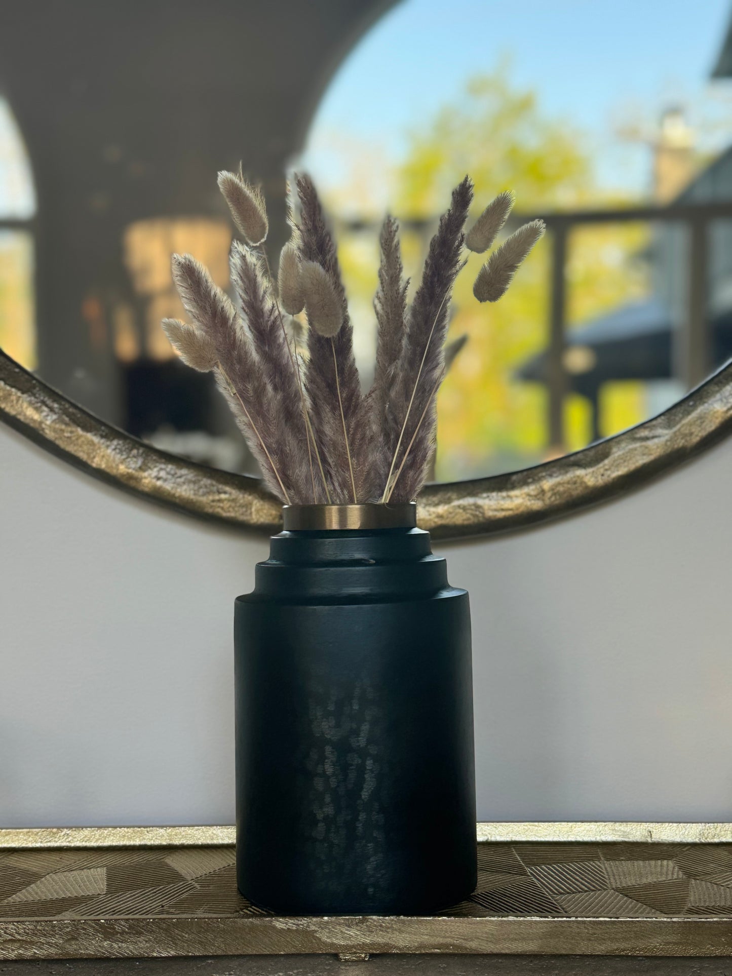 Ebon Sleek Black Metal Vase with Gold Rim
