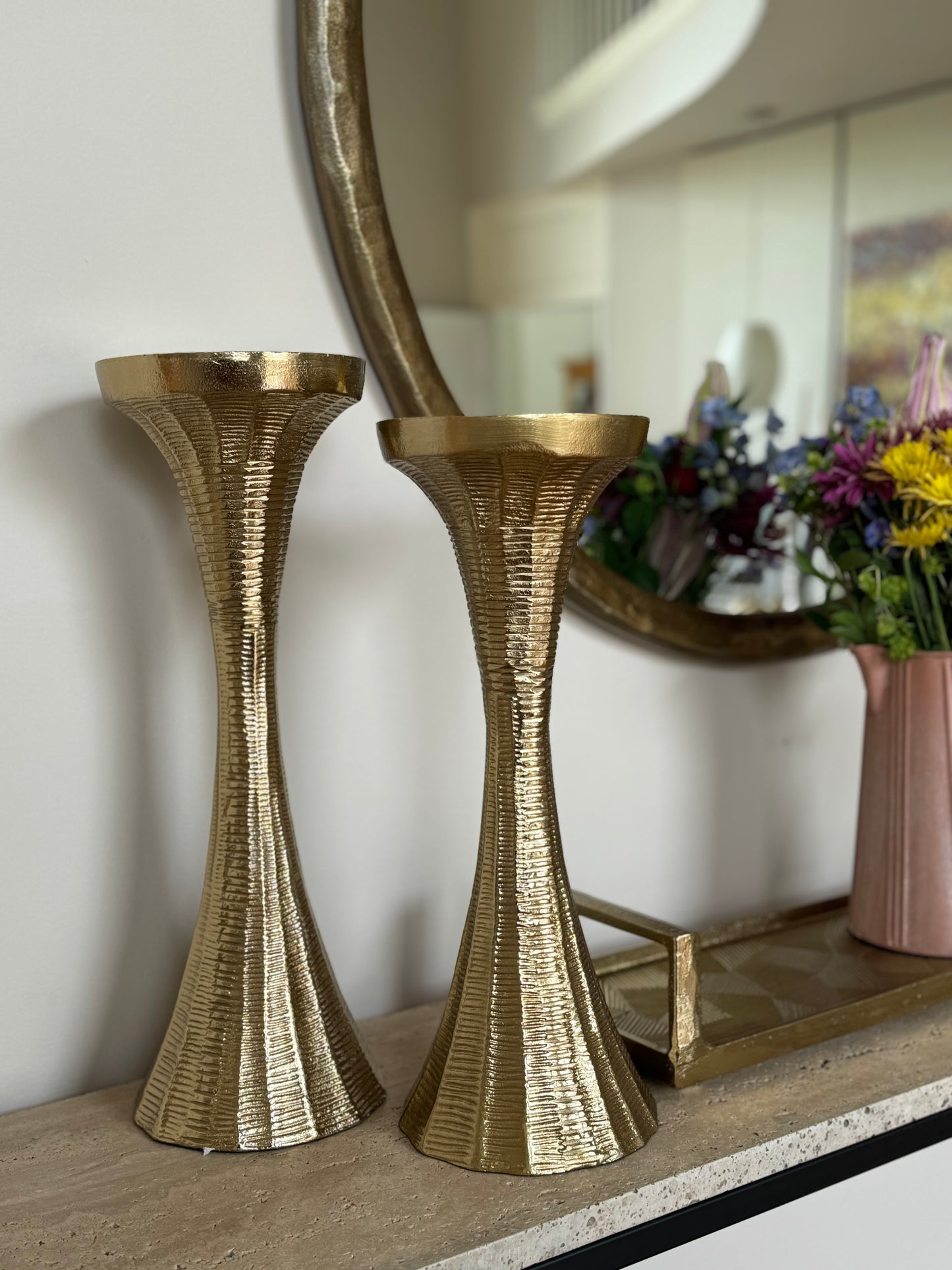 Orvyn Elegant Tall Gold Pillar Candle Holders Set of 2 For Modern Home and Wedding Decor