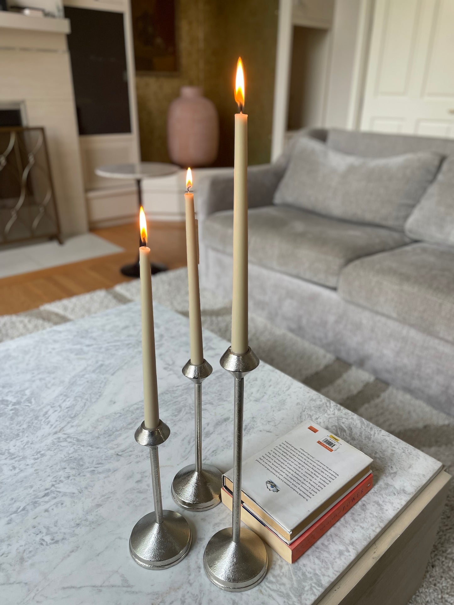 Elegant Silver Metal Candle Holder – Modern Farmhouse Decorative Centerpiece for Home & Table