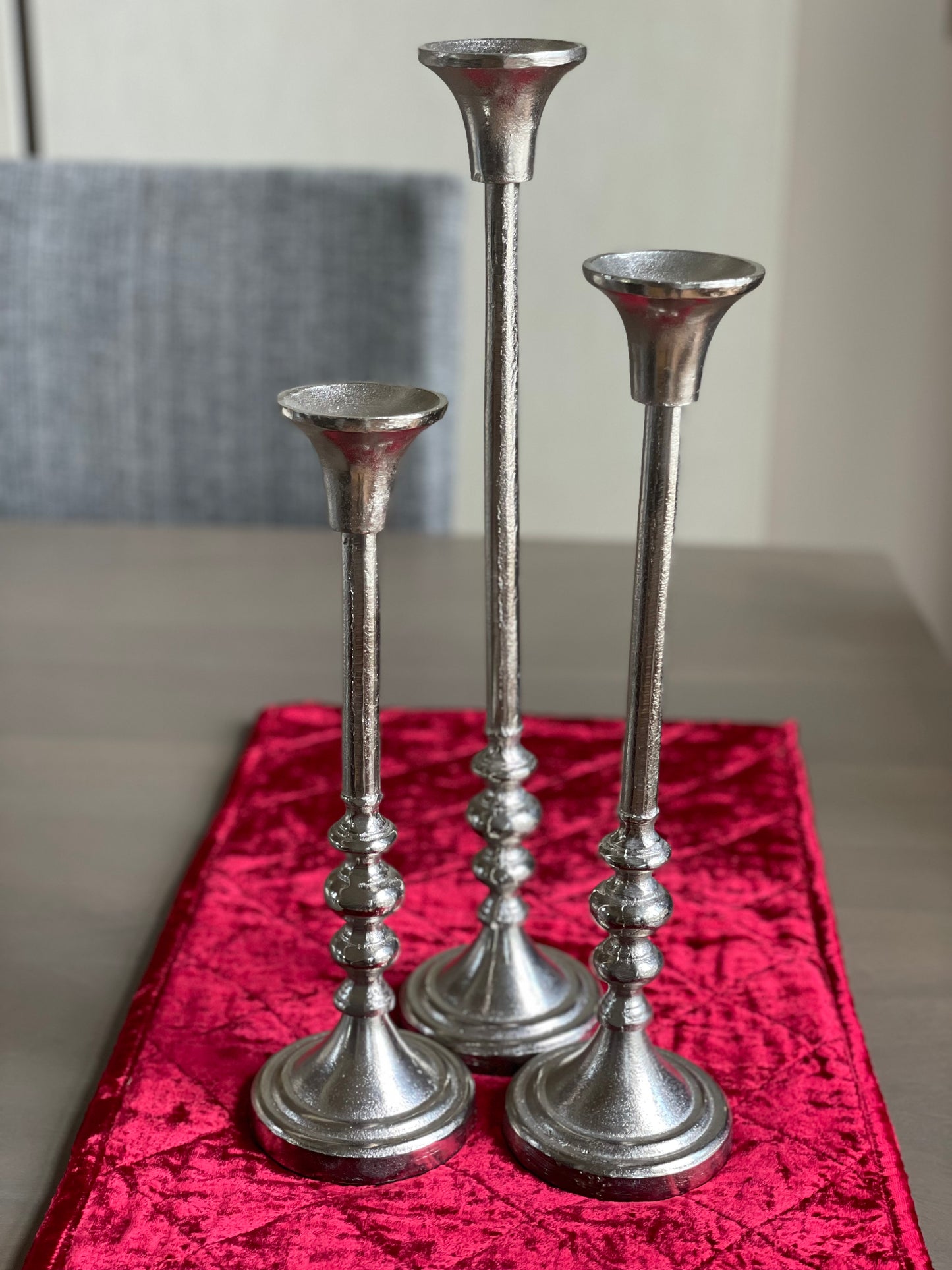 Eloria Elegant Aluminum Set of 3 Silver Candle Holder Set Timeless Luxury Accent