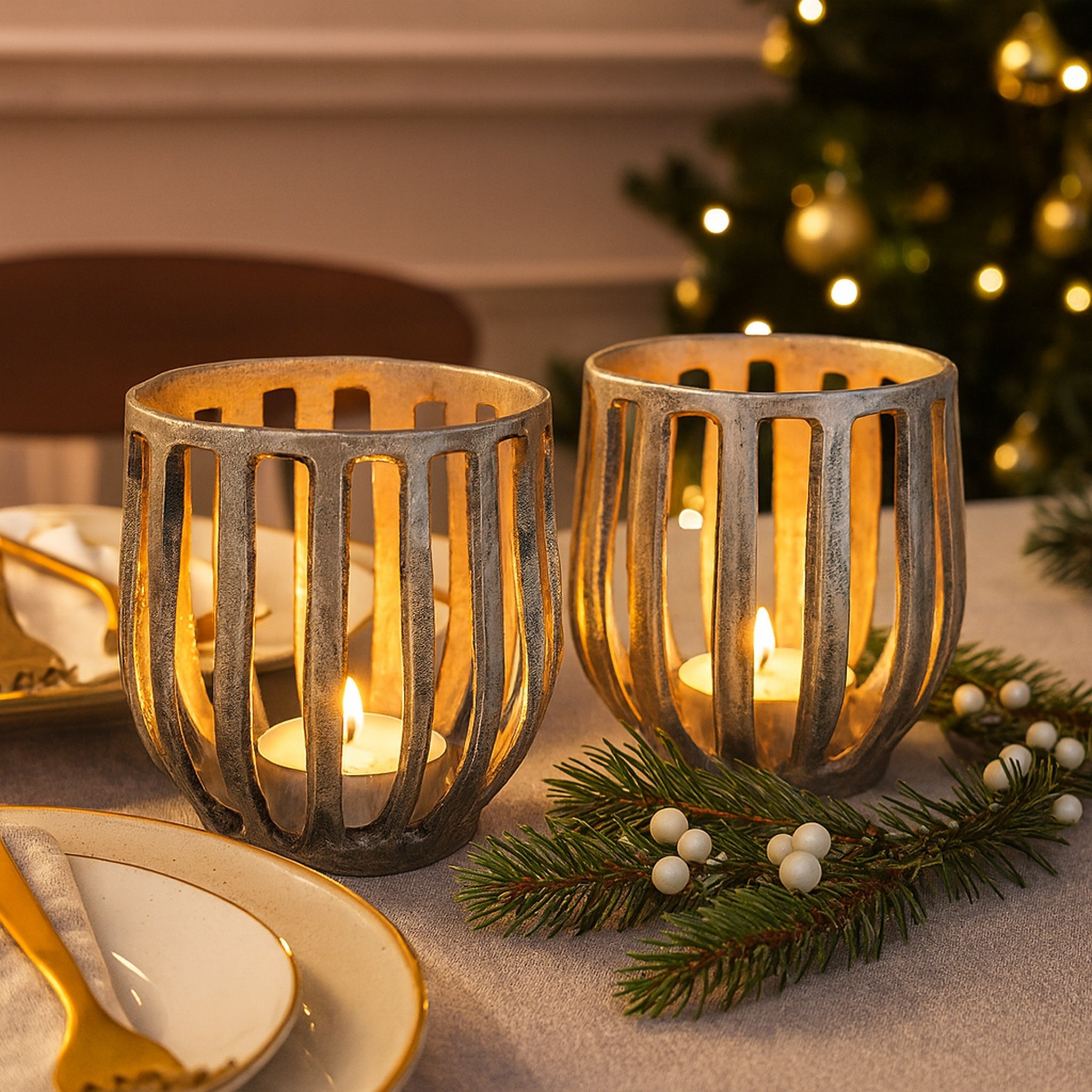 Eira Arched Metal Pillar Candle Holders – Antique Finish Decorative Lantern-Style Stand