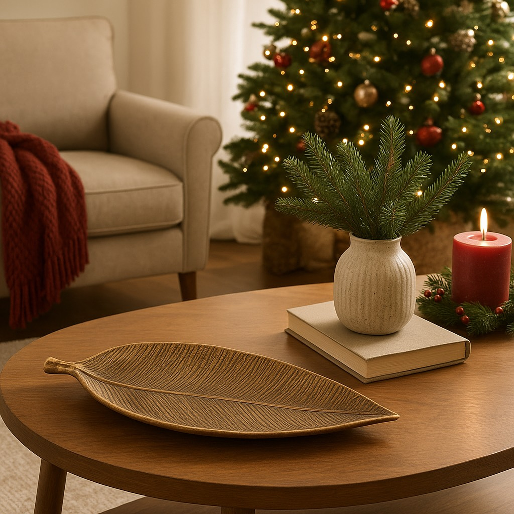 Vera Handcrafted Aluminium Leaf Design Tray – Elegant Antique Brass Decorative Accent