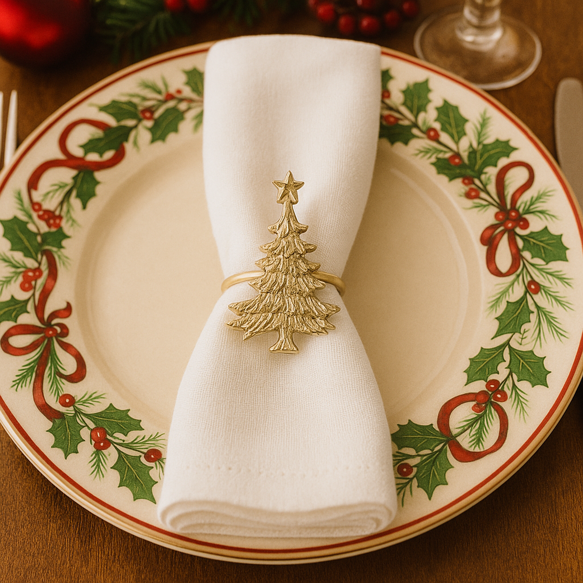 Gold Christmas Tree Napkin Rings – Set of 4 Metal Festive Table Accessories