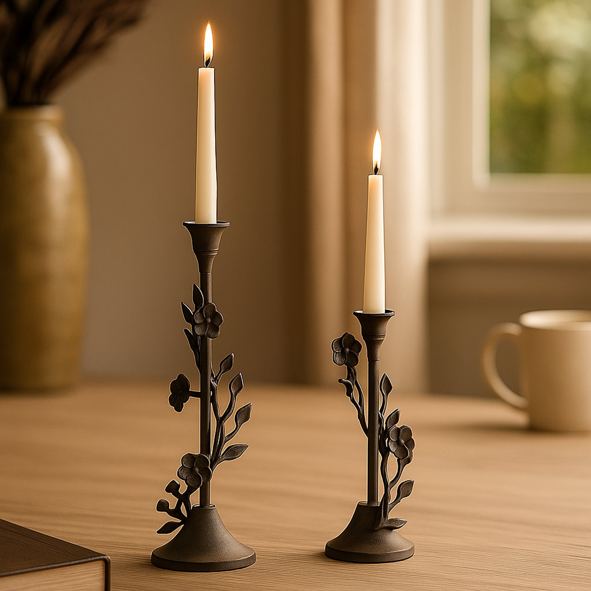 Eden Set of 2 Floral Branch Taper Candle Holders – Antique Bronze Aluminium Taper Holders