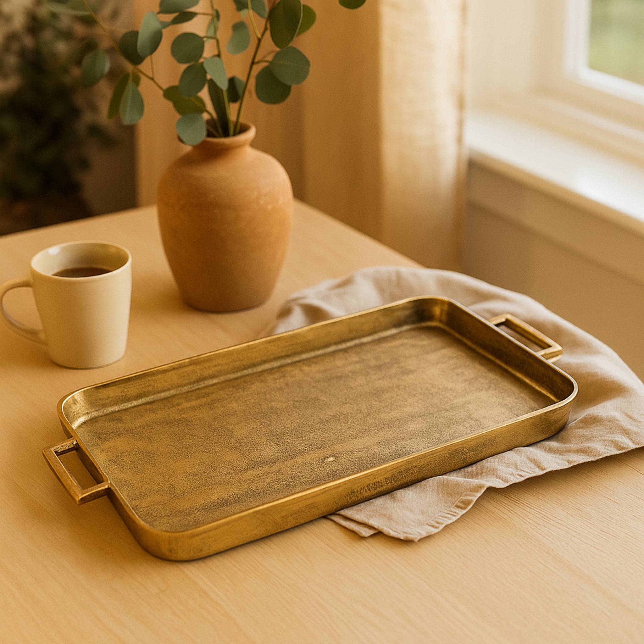 Elysia Handcrafted Aluminium Rectangular Tray – Classic Antique Gold Decorative Accent with Handles