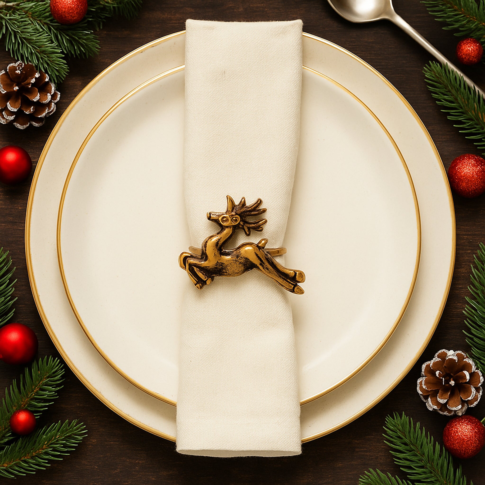 Antique Gold Handcrafted Aluminium Reindeer Napkin Rings – Set of 4