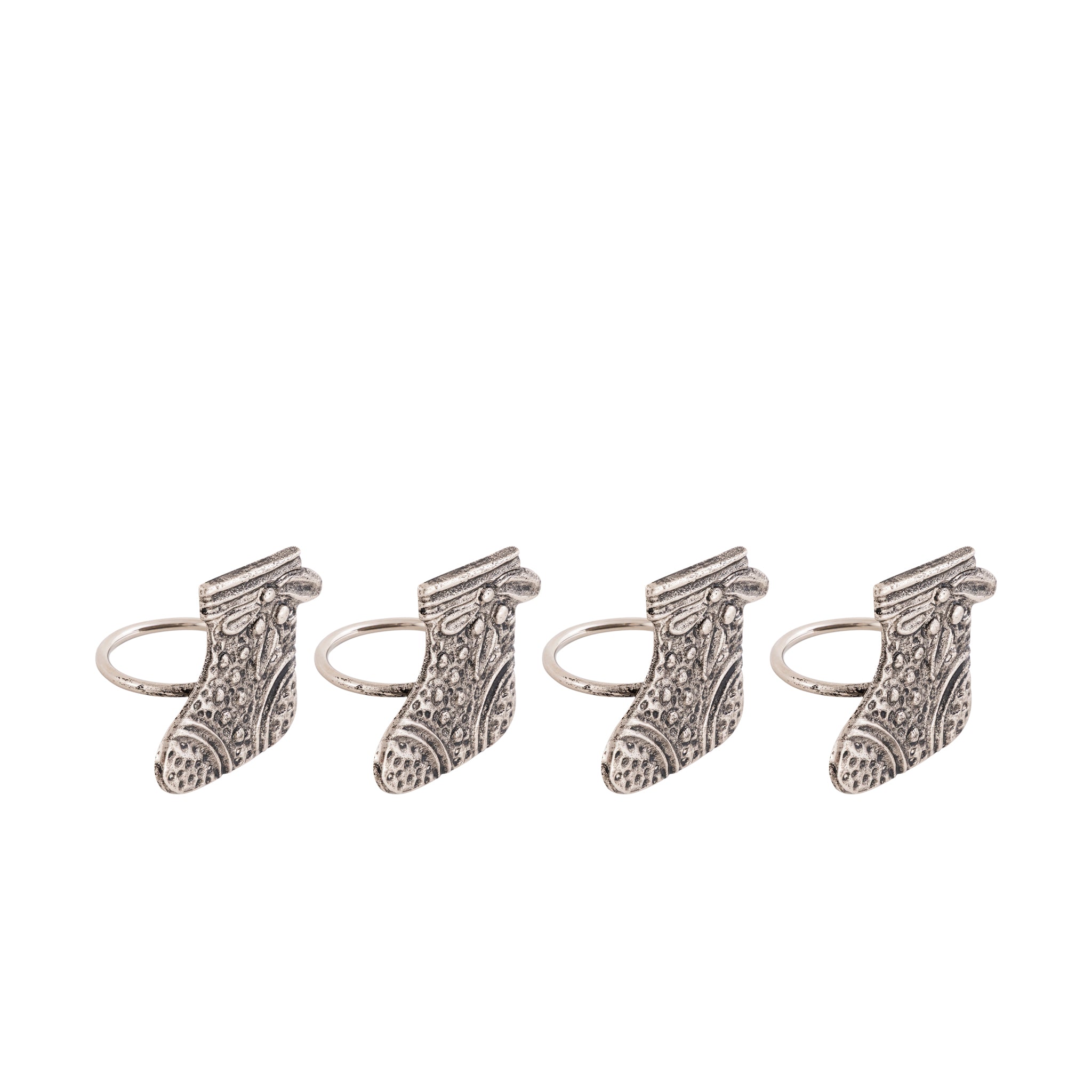Antique Silver Christmas Stocking Napkin Rings – Decorative Metal Table Setting (Set of 4)