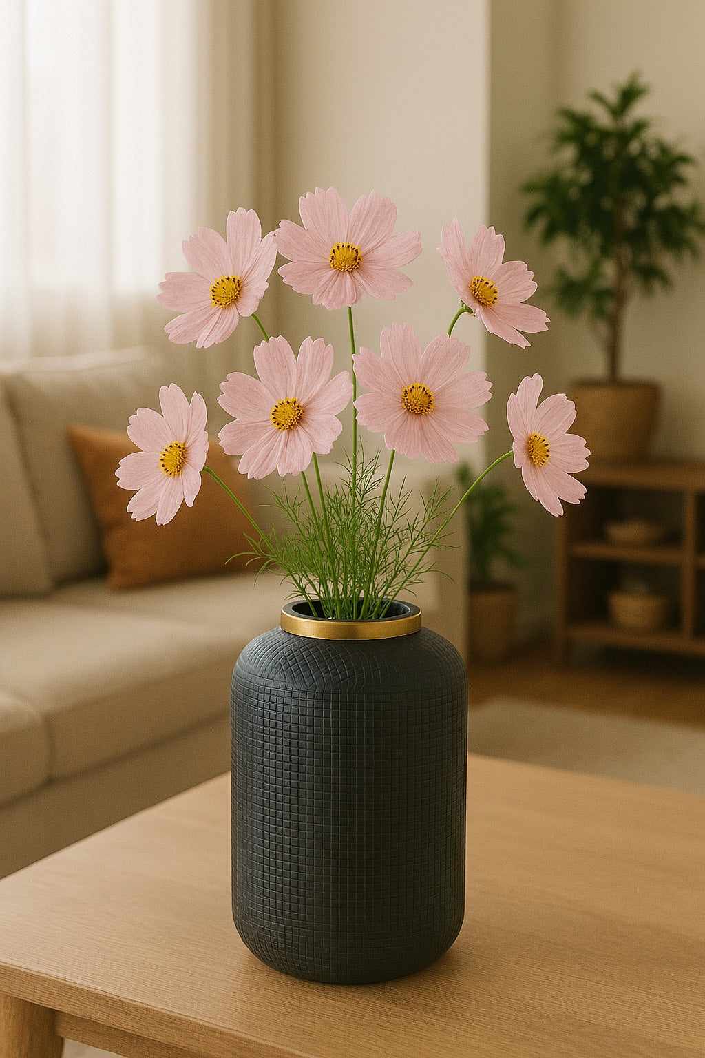 Aurum Modern Metal Black Flower Vase with Gold Rim