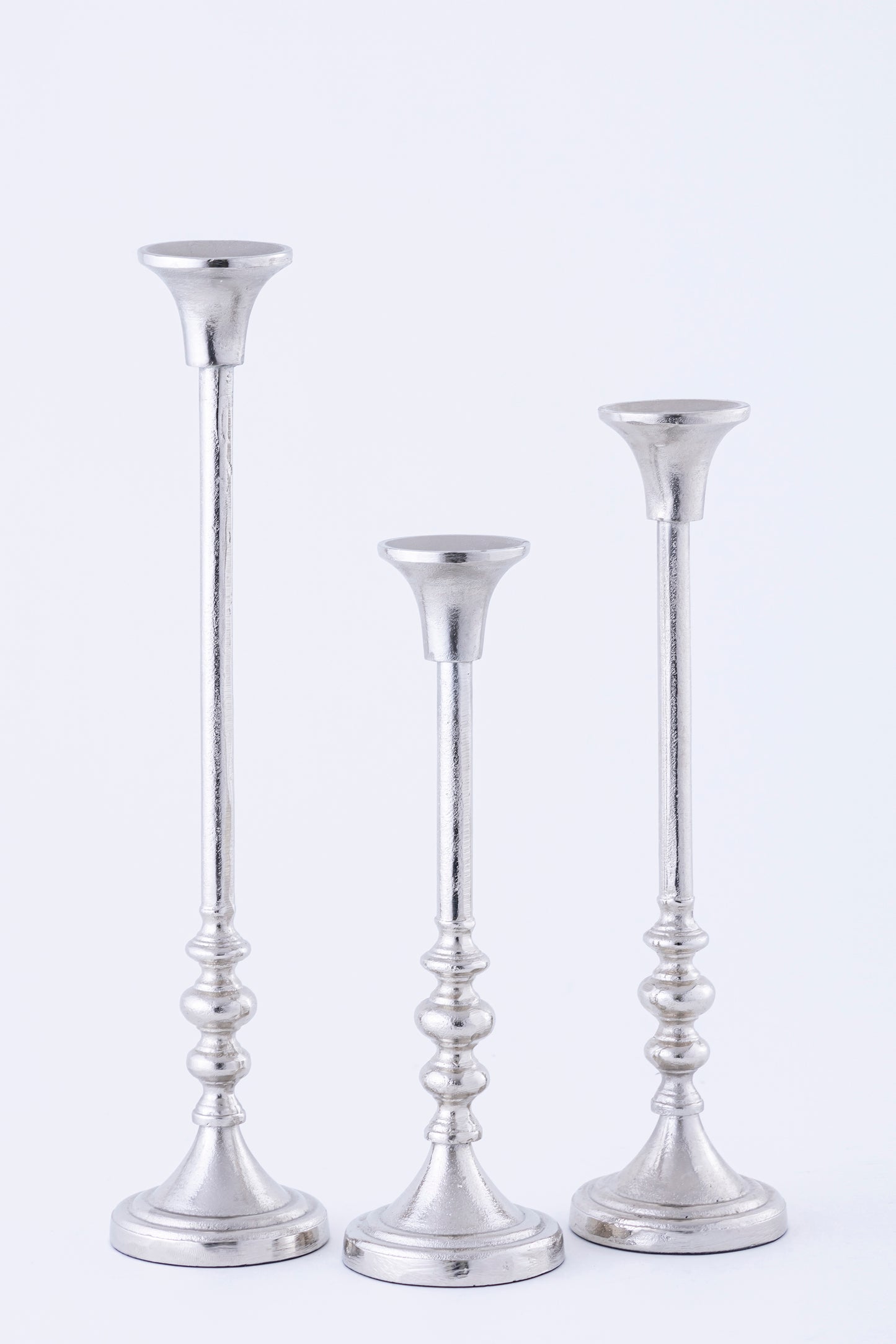 Eloria Elegant Aluminum Set of 3 Silver Candle Holder Set Timeless Luxury Accent