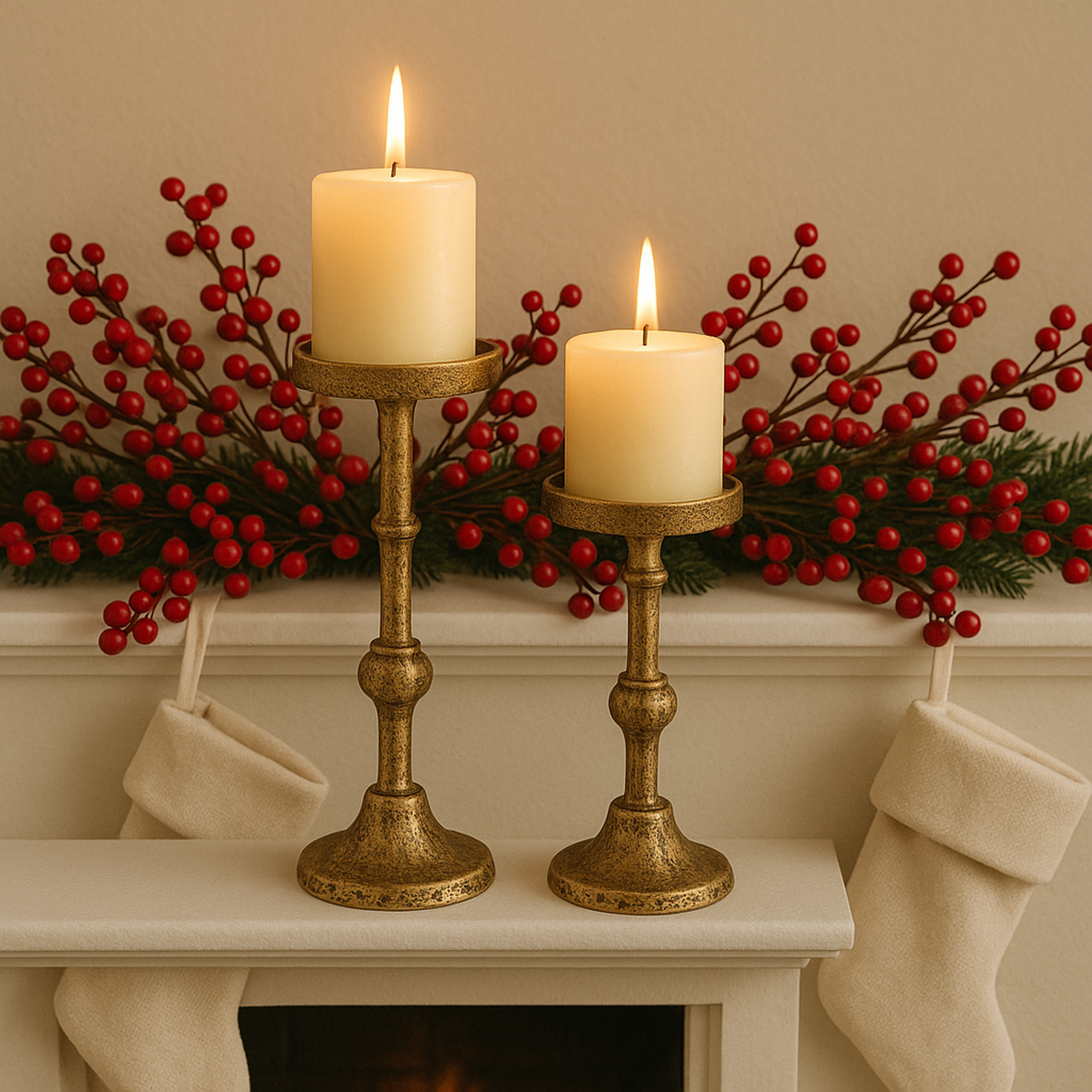 Eterna Set of 2 Handcrafted Aluminium Candle Holder Pair – Antique Brass Pillar Candle Stands