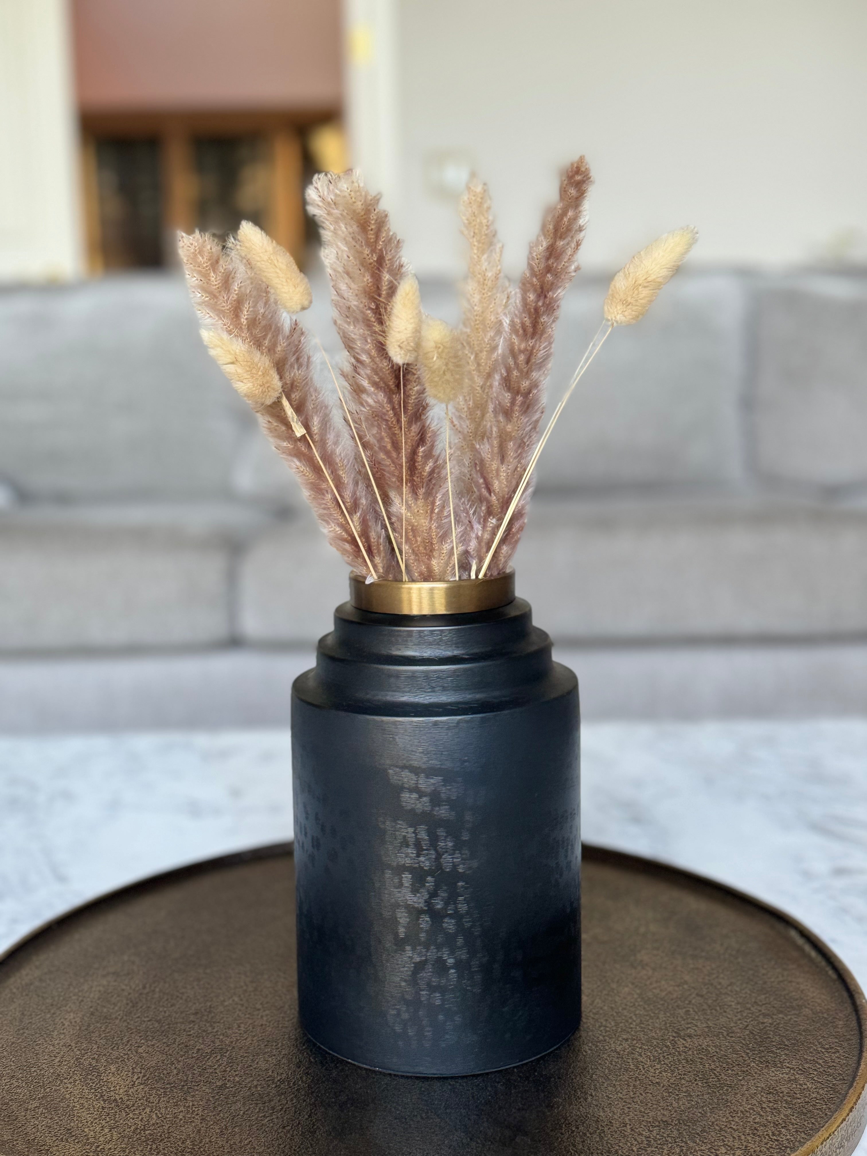 Ebon Sleek Black Metal Vase with Gold Rim