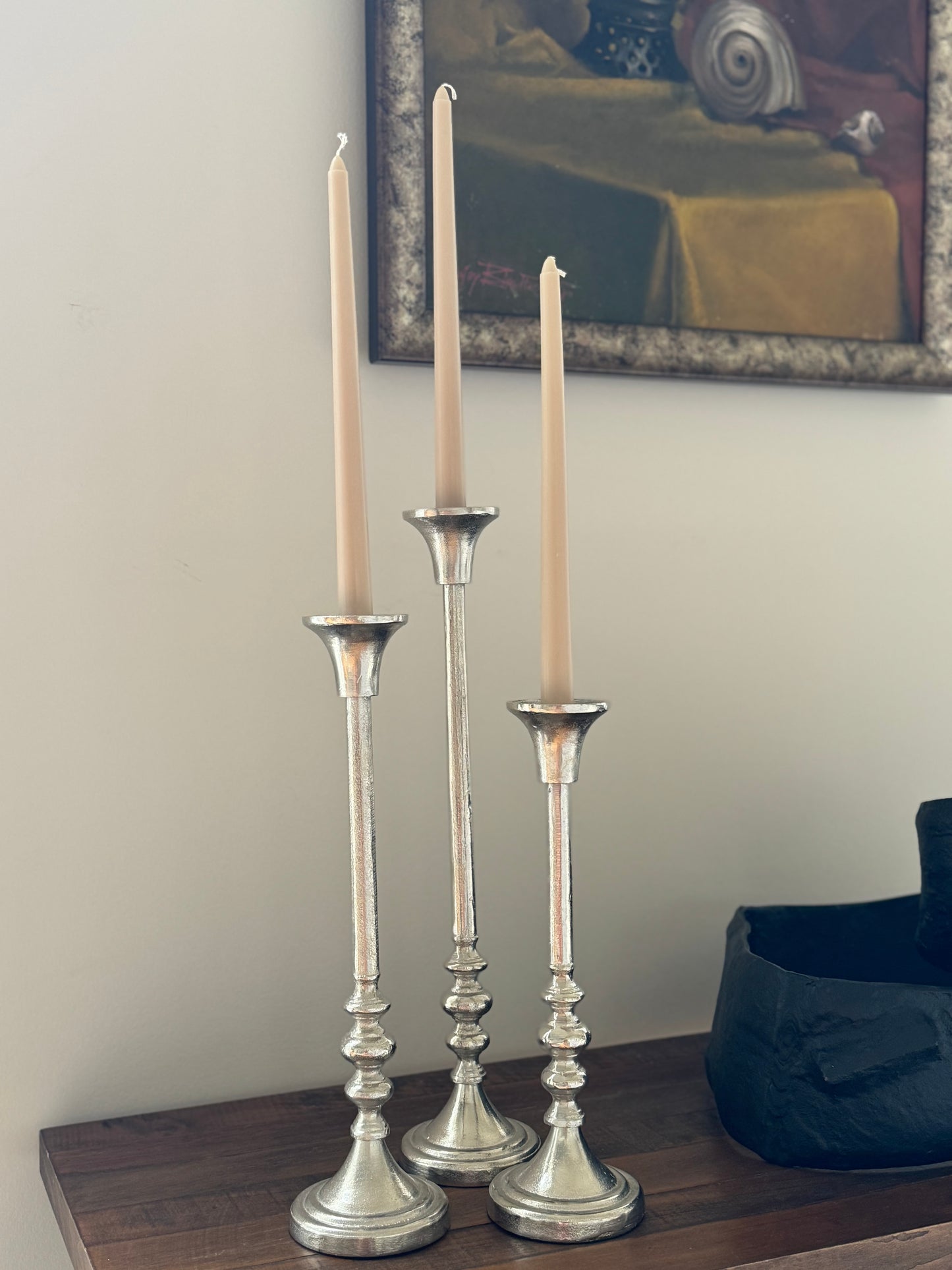 Eloria Elegant Aluminum Set of 3 Silver Candle Holder Set Timeless Luxury Accent