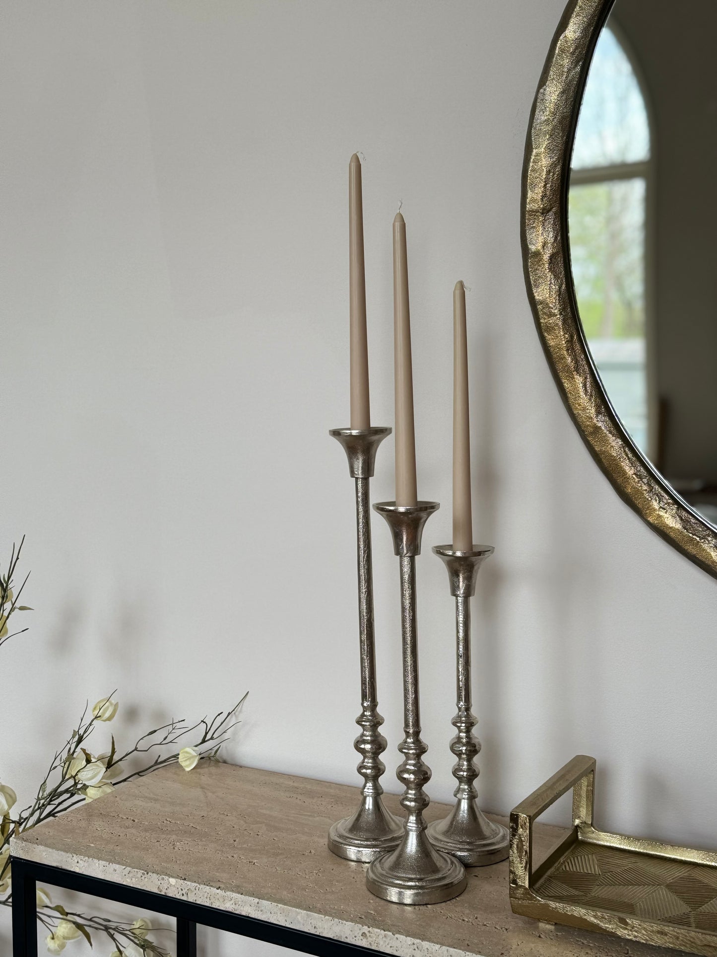 Eloria Elegant Aluminum Set of 3 Silver Candle Holder Set Timeless Luxury Accent
