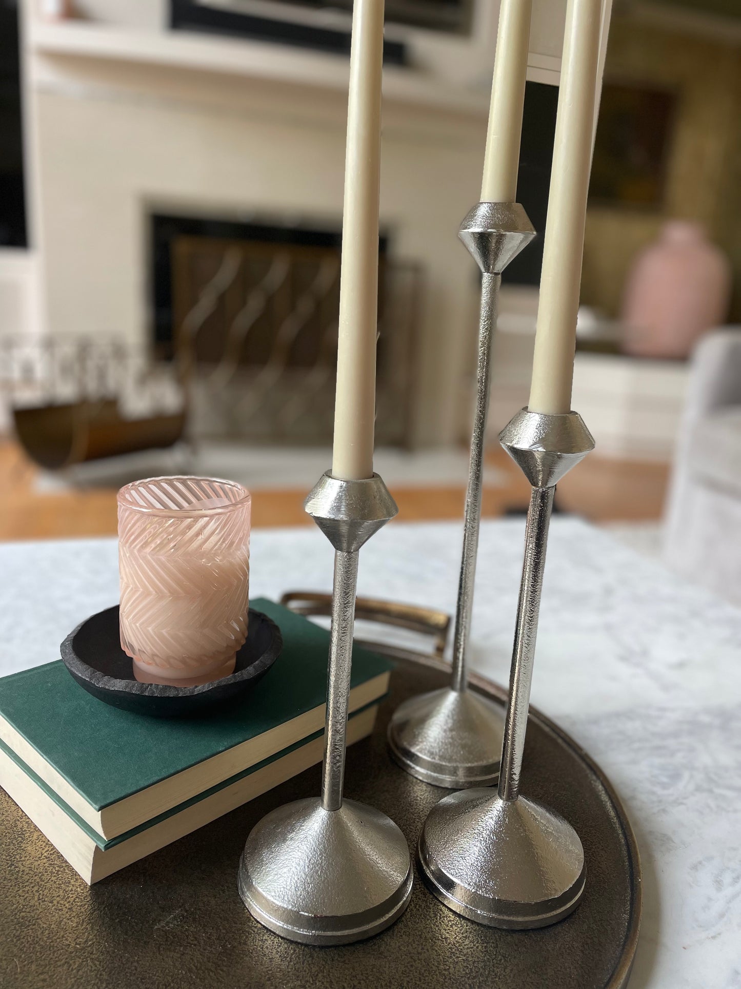 Elegant Silver Metal Candle Holder – Modern Farmhouse Decorative Centerpiece for Home & Table