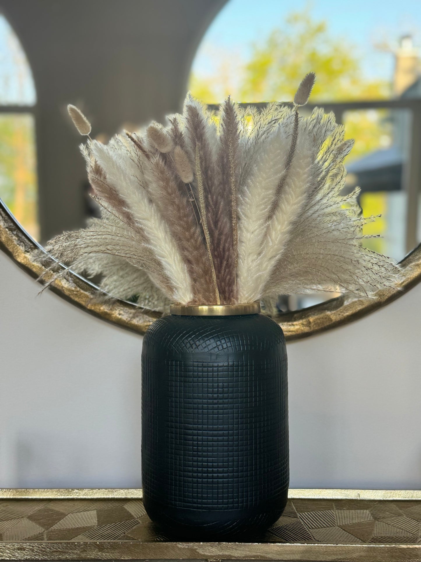 Aurum Modern Metal Black Flower Vase with Gold Rim
