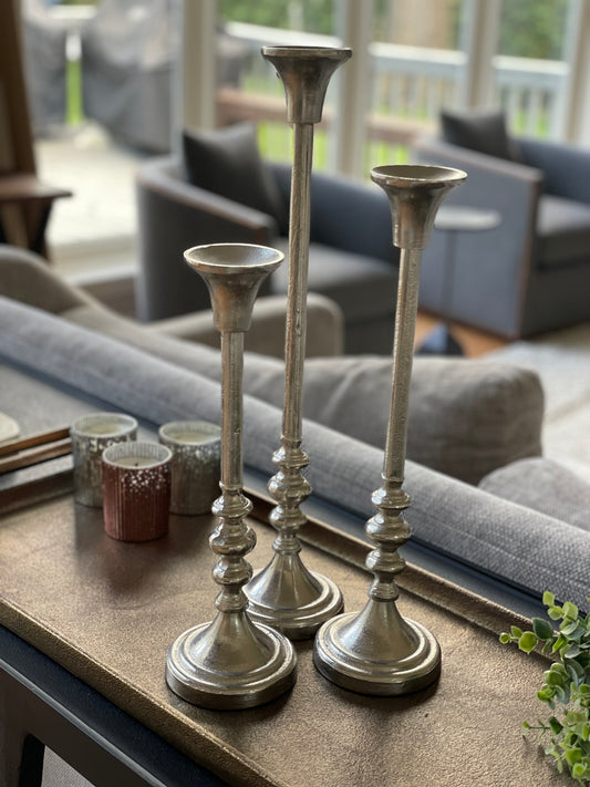 Eloria Elegant Aluminum Set of 3 Silver Candle Holder Set Timeless Luxury Accent