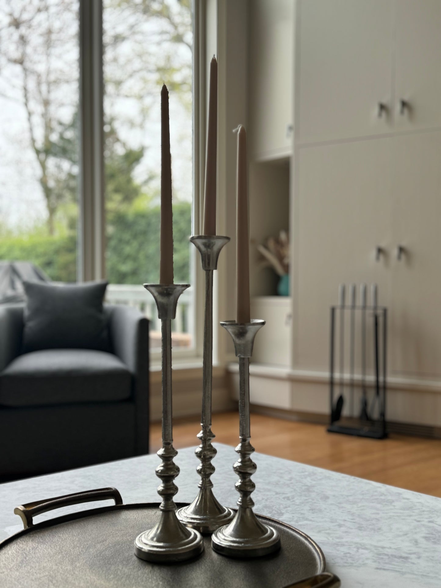 Eloria Elegant Aluminum Set of 3 Silver Candle Holder Set Timeless Luxury Accent
