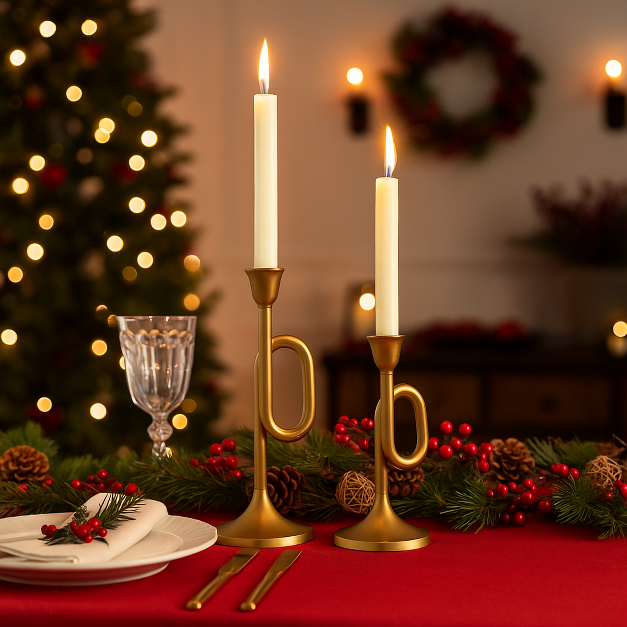 Aurea Gold Trumpet Design Candle Holders – Decorative Candlestick Centerpiece Set of 2