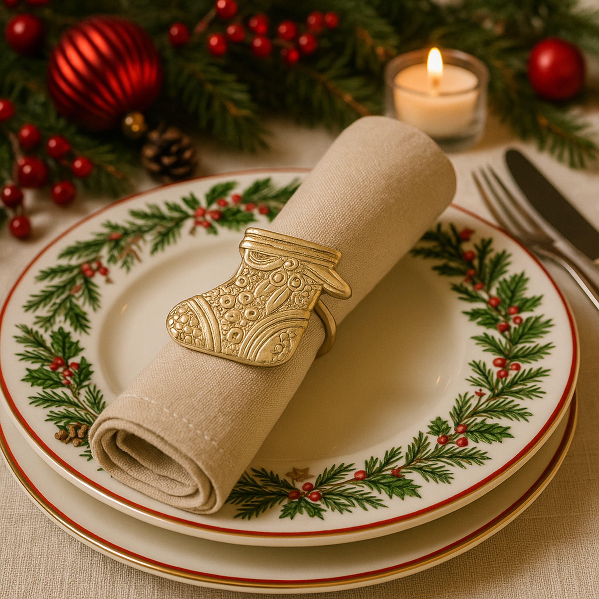 Gold Christmas Stocking Napkin Rings – Decorative Metal Table Setting (Set of 4)