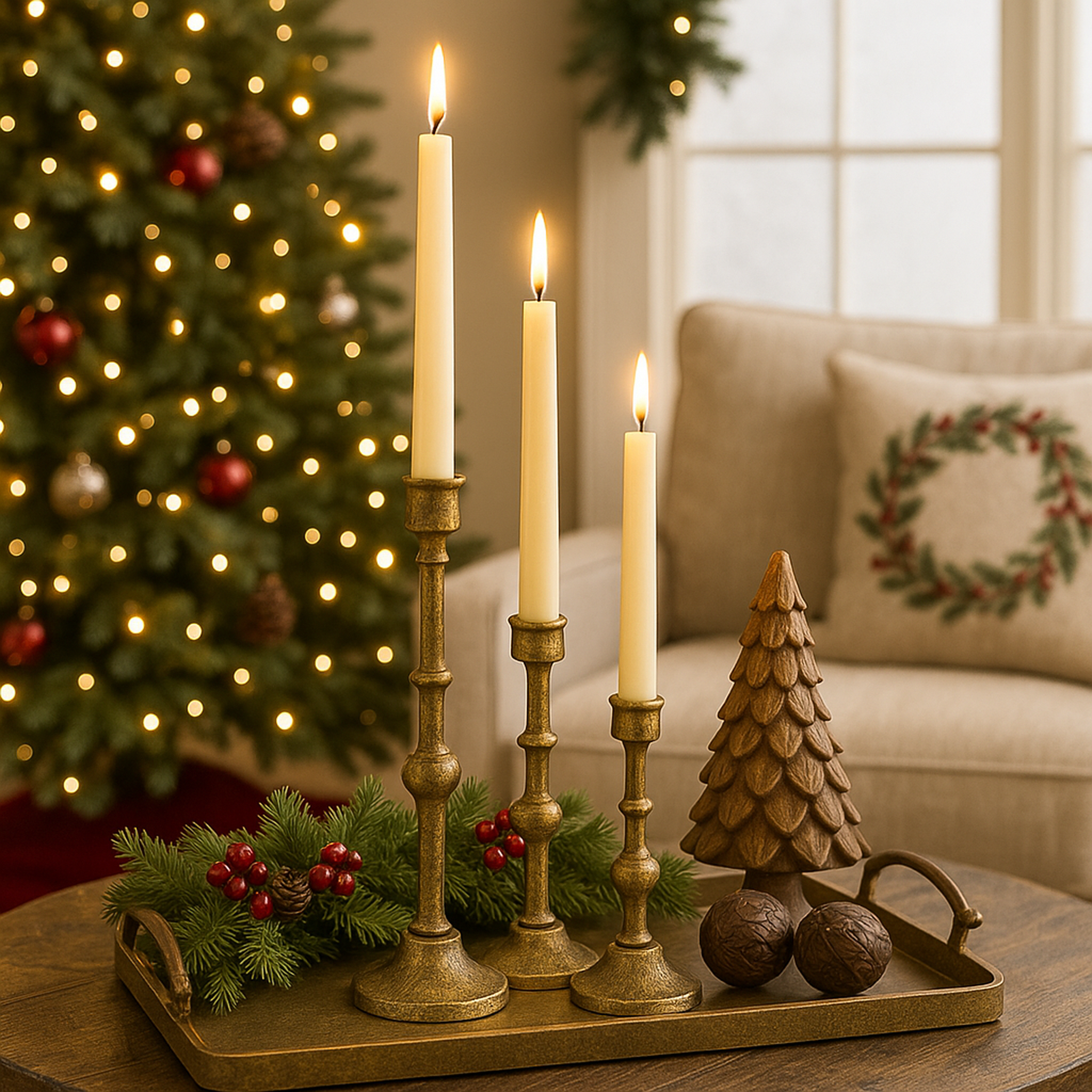 Solene Set of 3 Tall Taper Candle Holders – Aluminium Candlestick Holder in Antique Brass